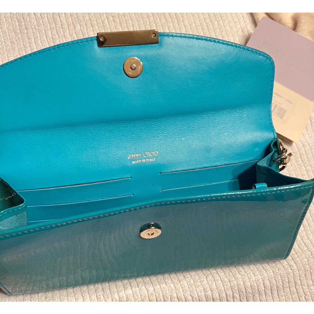 Jimmy Choo Turquoise Patent Leather Clutch Removable Strap Dust Bag 695