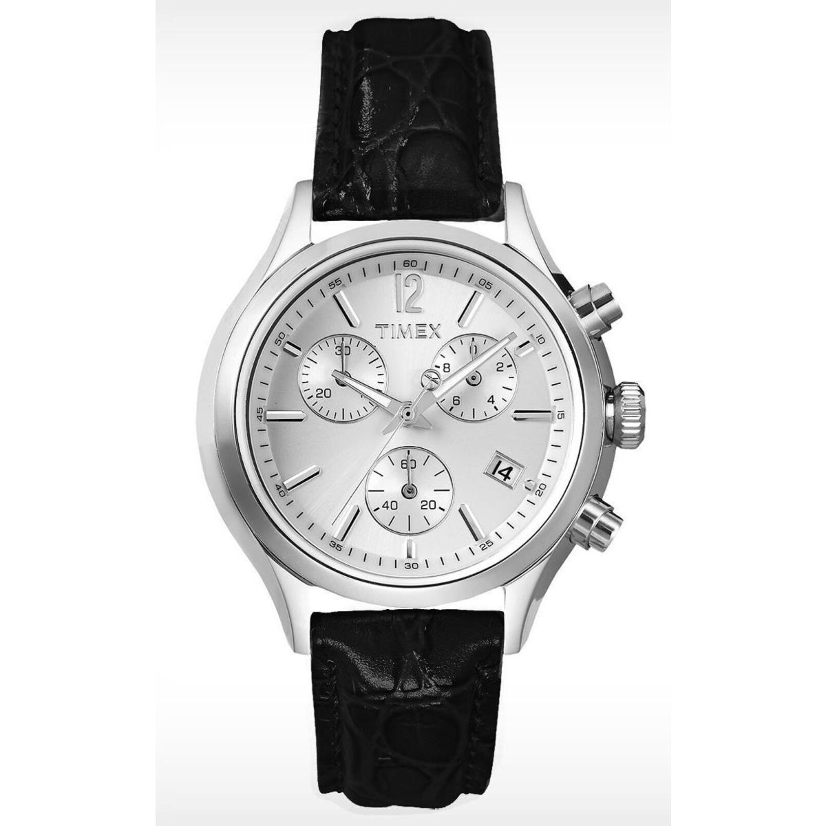 Timex T2P419 Women`s Analog Chronograph Watch Black Leather Strap