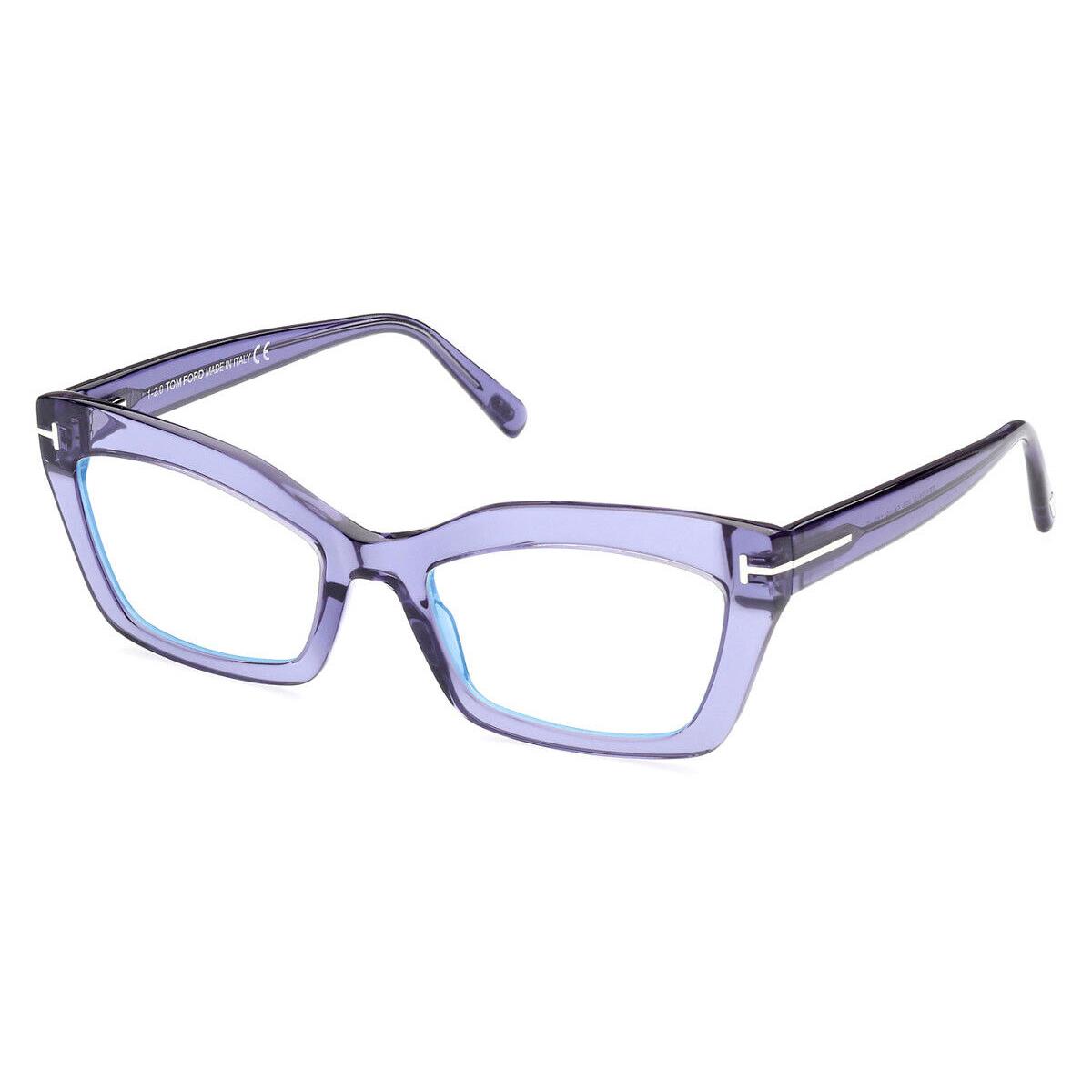 Tom Ford FT5766-B Eyeglasses Shiny Transparent Liliac/t Logo/blue Block 54mm - Frame: Shiny Transparent Liliac/T Logo/Blue Block, Lens: Demo