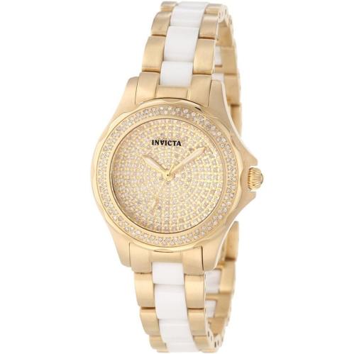 Invicta 1783 Women`s Angel Classic Diamond Dial Ceramic Bracelet Quartz Watch - Dial: Gold, Band: Gold, Bezel: Gold