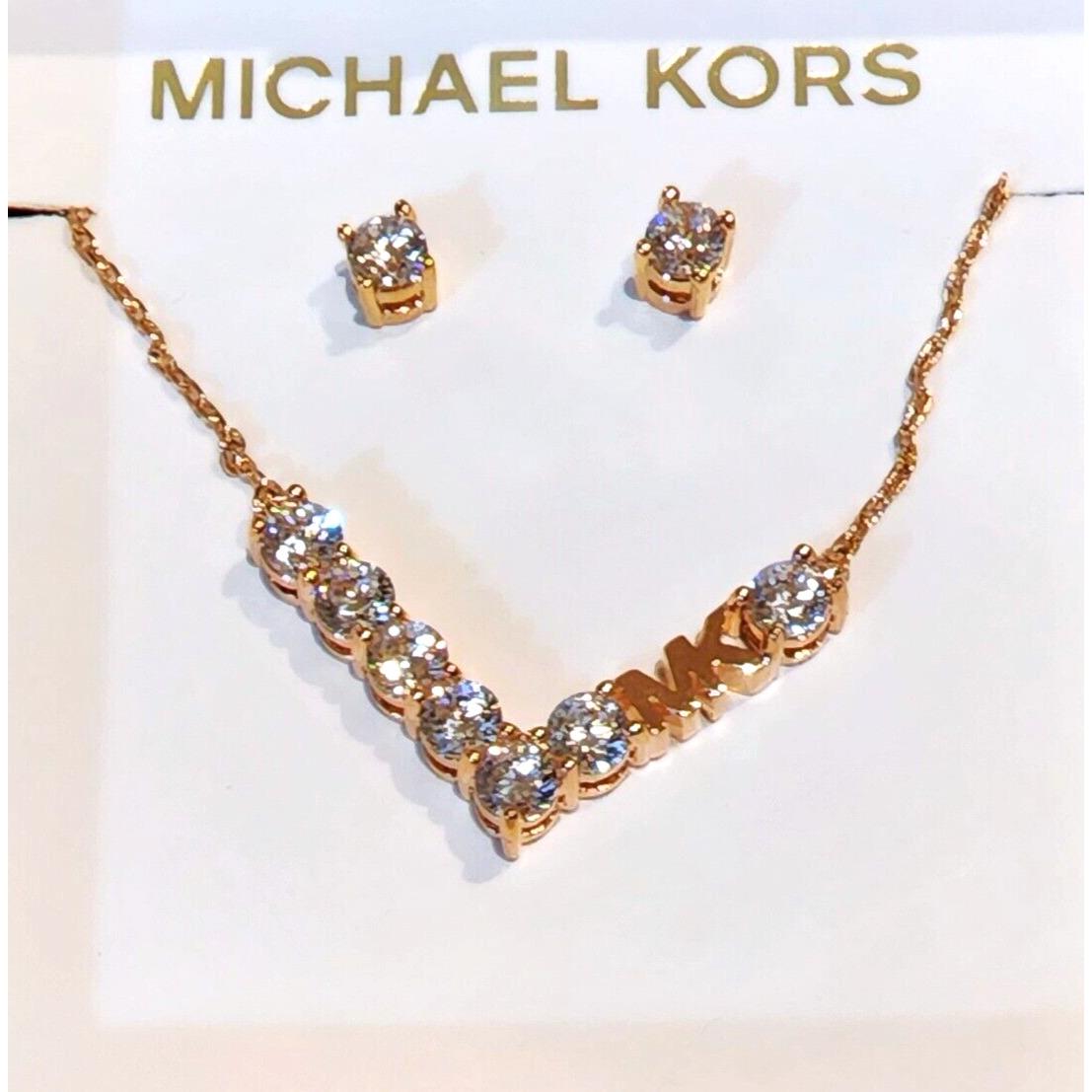Michael Kors Set OF Rose Gold Tone Crystal Logo Necklace Stud Earrings MKJ7457
