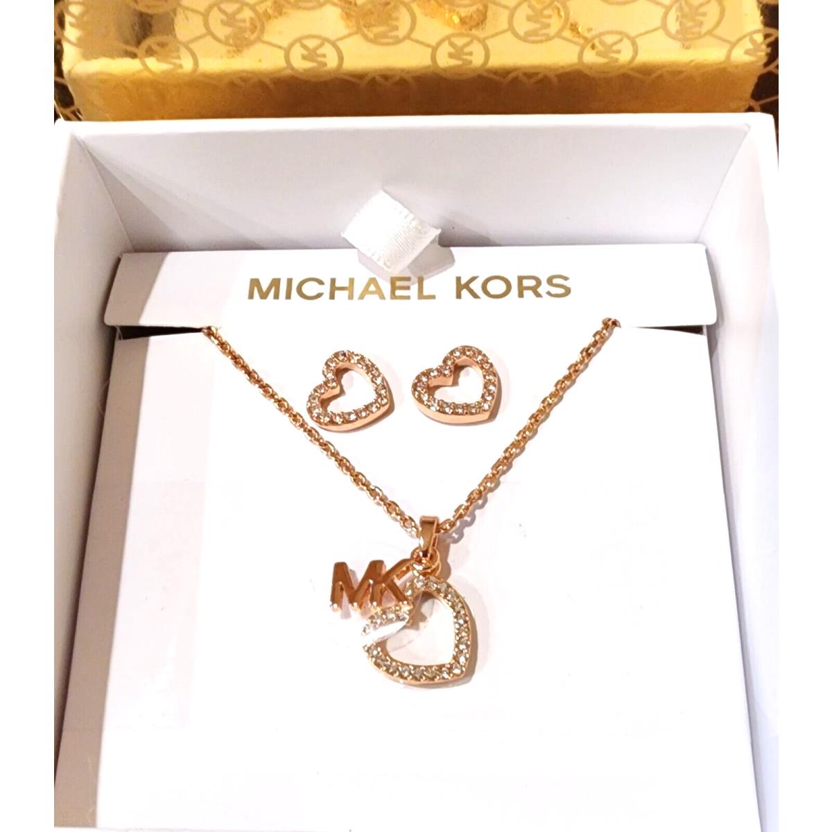 Michael Kors Set OF Rose Gold Crystal Heart+mk Necklace Heart Earrings MKJ7815