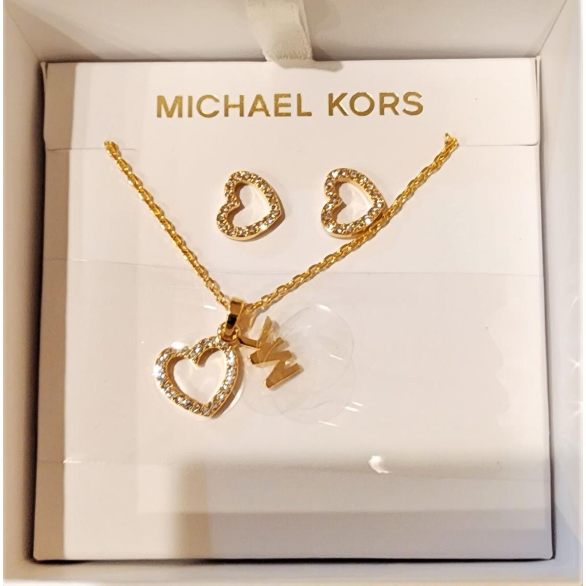 Michael Kors Set OF Gold Tone+crystal Heart Shape+mk Necklace Earrings MKJ7813
