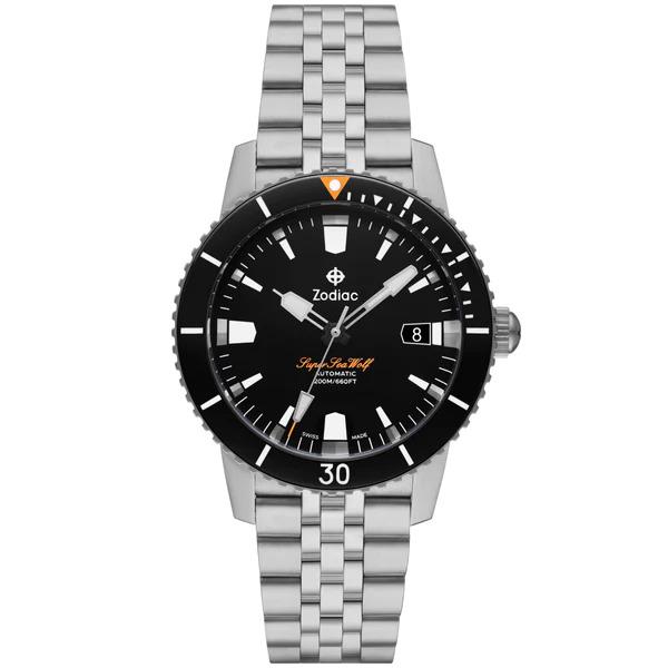 Zodiac Super Sea Wolf 53 Compression 40MM Black Dial Orange Lume Auto ZO9288 - Dial: Black, Band: Silver, Bezel: Black