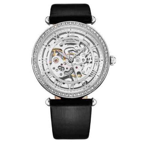 Stuhrling 4022 1 Automatic Skeleton Crystal Accents Black Leather Womens Watch