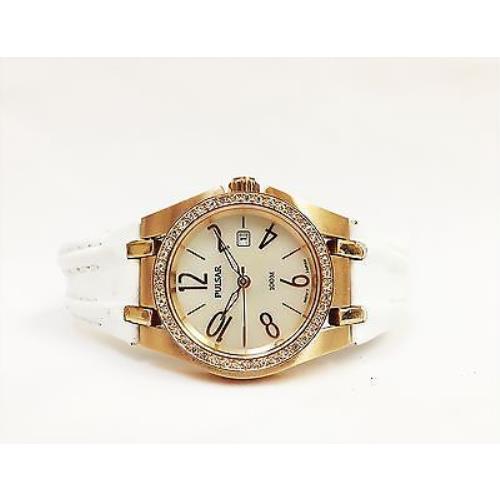 Pulsar PXT668 Leather Strap Collection Crystal Bezel Mop Dial Women`s Watch
