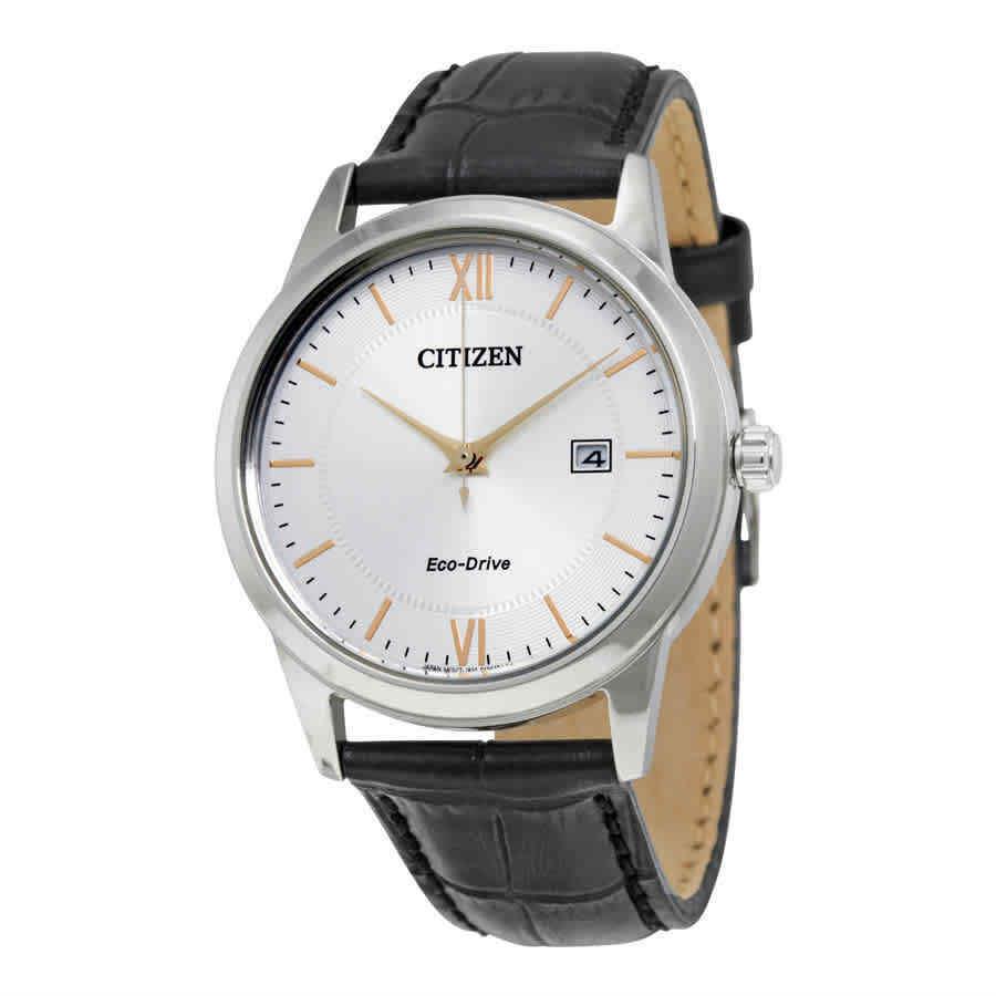 Citizen Eco-drive Silver Dial Black Leather Men`s Watch AW1236-03A