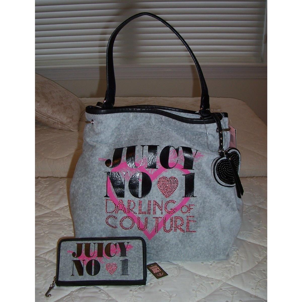 Juicy Couture Love Plumes Velour Hobo Bag Wallet Set Heather Cozy Gray