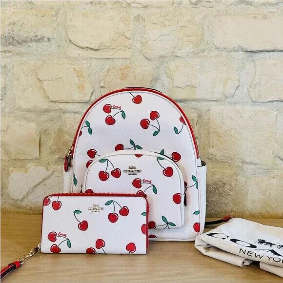 Coach Court Backpack Red Heart Cherry Pebble Medium Leather Bag/wallet Option backpack+wallet
