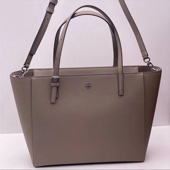 Tory Burch Emerson Small Top Zip Leather Tote Shoulder Bag Gray