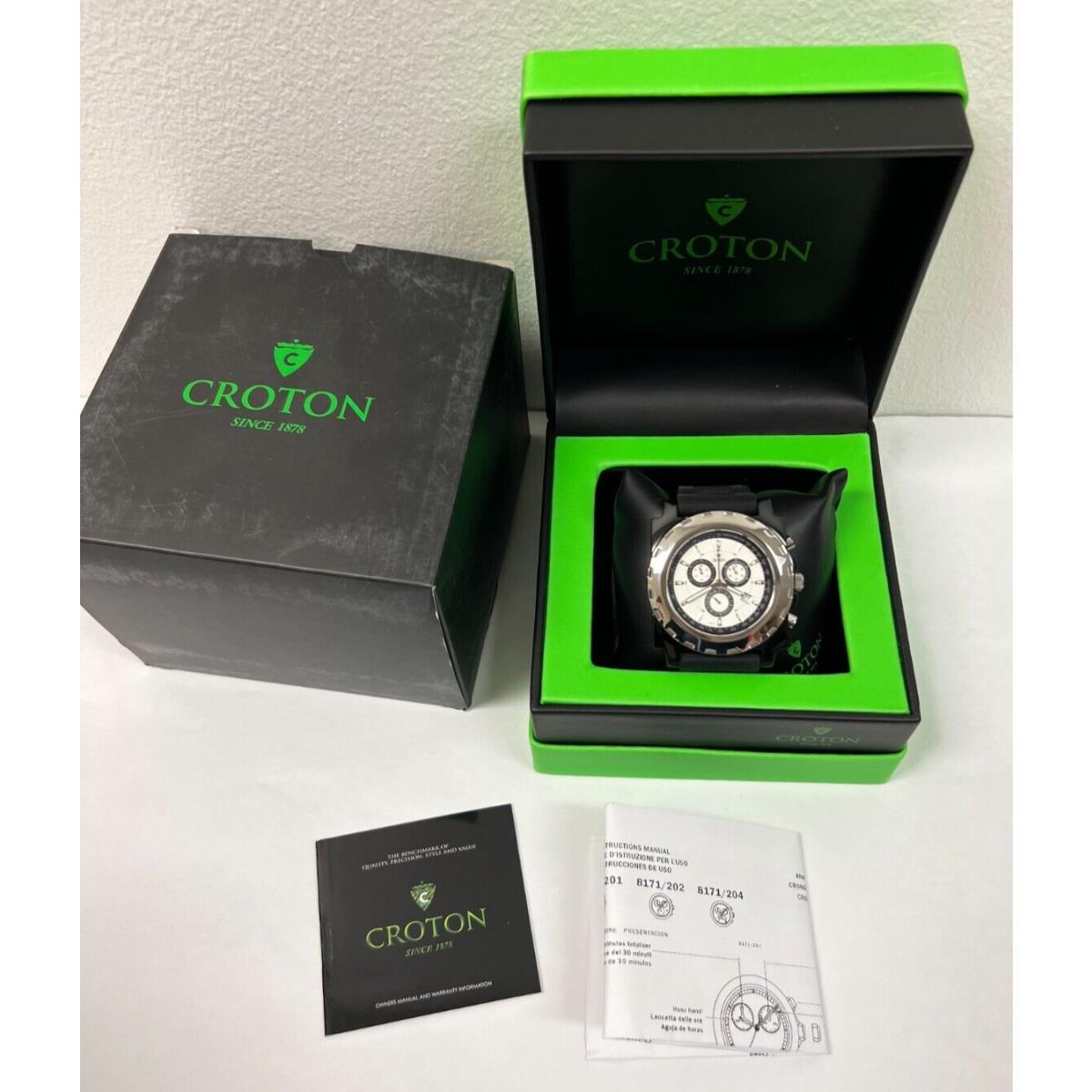 Croton Duratron Chronograph Men`s Watch Black Band White Face-new