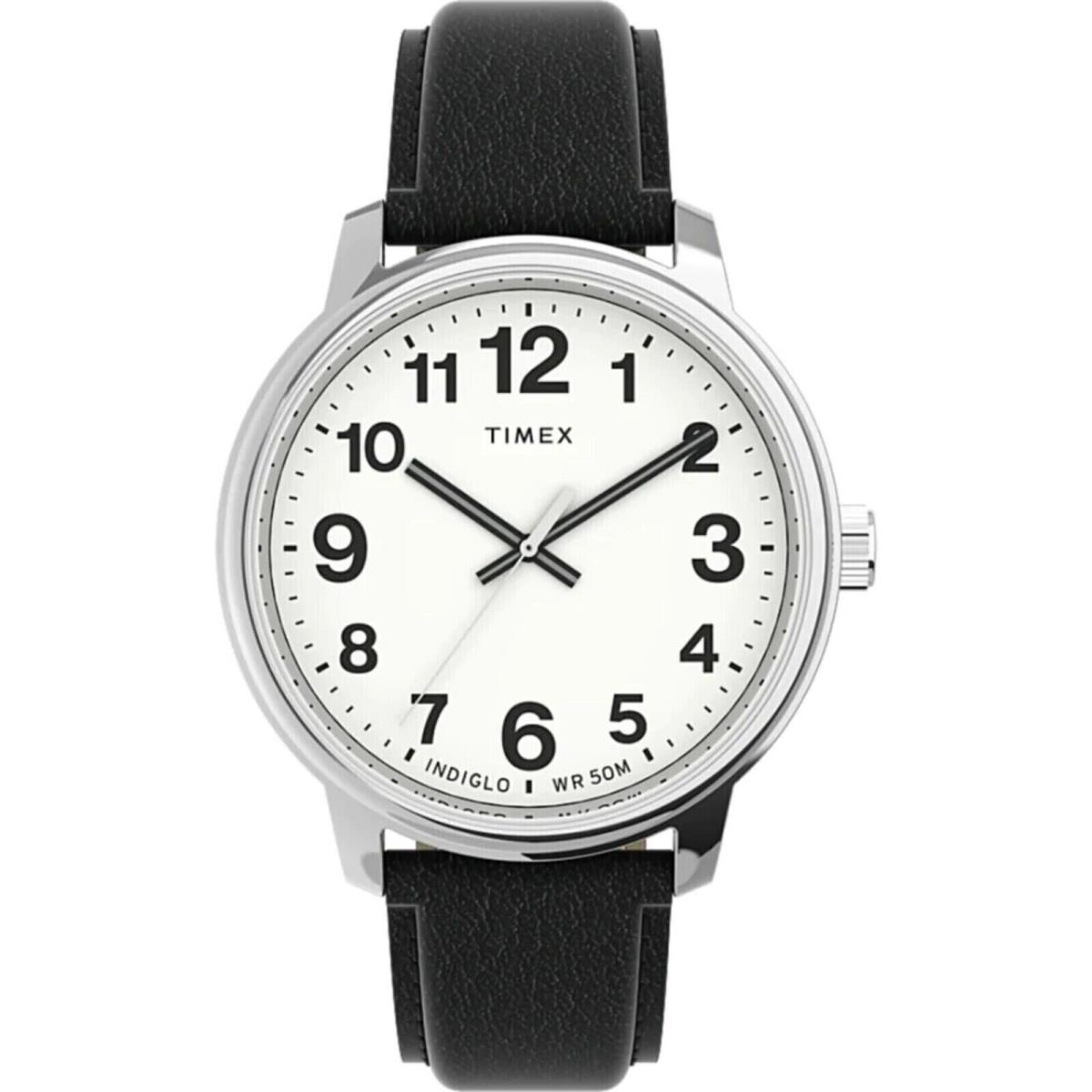 Timex TW2V21200 Men`s Easy Reader Black Leather Watch Indiglo 43MM Case - Dial: White, Band: Black