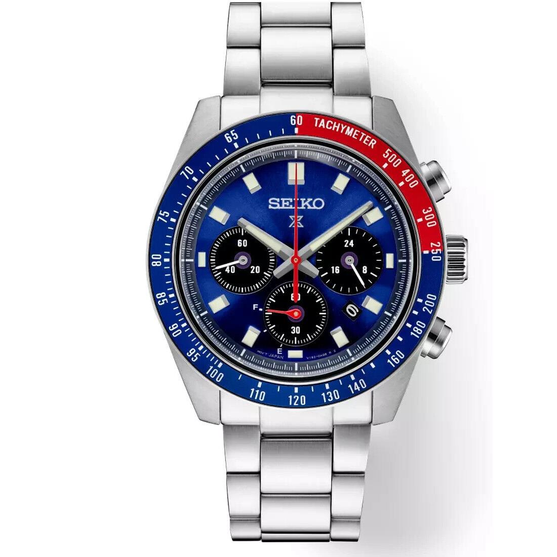 Seiko Prospex Speedtimer Solar Chronograph 41.4 mm Blue Dial Men`s Watch SSC913 - Dial: Blue, Band: Silver, Bezel: Red and blue