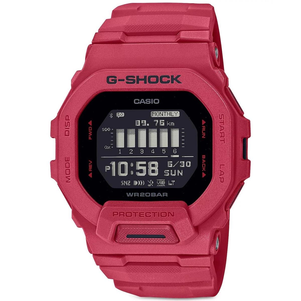 Casio GBD200RD-4 Men`s Move Series Bluetooth Red Alarm Chronograph G Shock Watch - Dial: , Band: Red, Bezel: Red