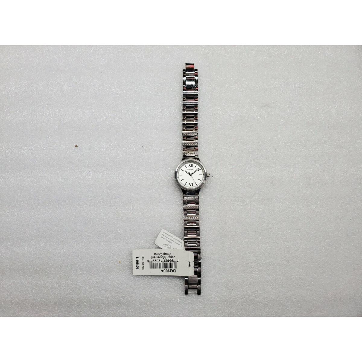 Fossil Silver Dial Crystals Accent St. Steel Bracelet Women`s Watch BQ1604