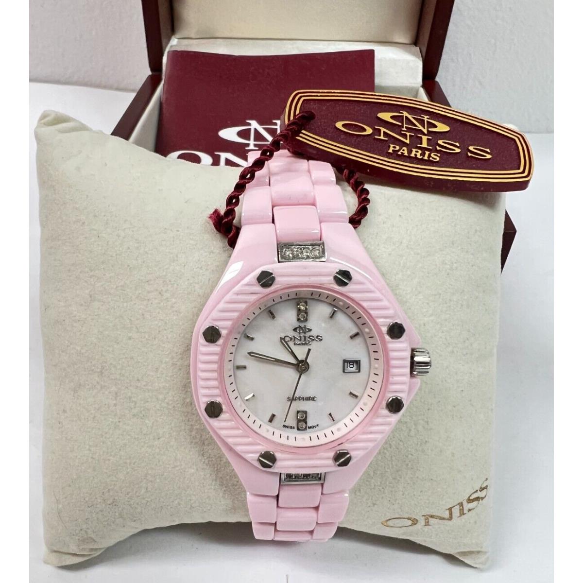 Oniss ON8110-L Women`s Oversized Swiss Pink Ceramic Chronograph Watch