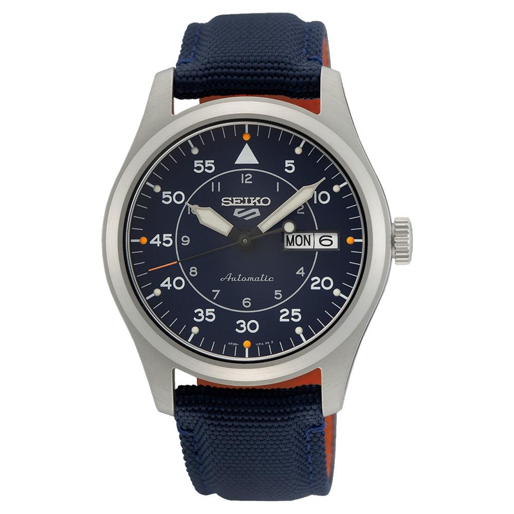 Seiko Men`s 5 Sports Military Blue Dial Orange Accents Automatic Watch SRPH31 - Dial: Blue, Orange, Band: Blue nylon strap with orange lining, Bezel: Blue