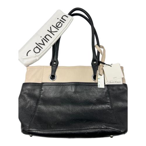 Calvin Klein Color Block Black Tan Leather Shoulder Bag - Black , Black Exterior