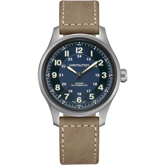 Hamilton Khaki Field Titanium Auto 42mm Blue Dial Leather Strap Watch H70545540 - Dial: Blue