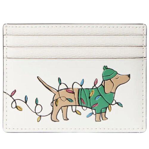 Kate Spade Small Slim Leather Card Holder Case Claude Dog Holiday Lights - Cream/ Multi