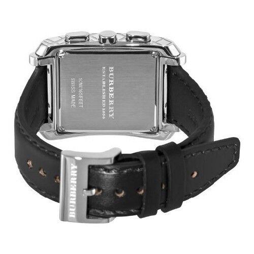 Burberry Black Leather Band Strap Silver Square Chrono. Dial Watch BU1564