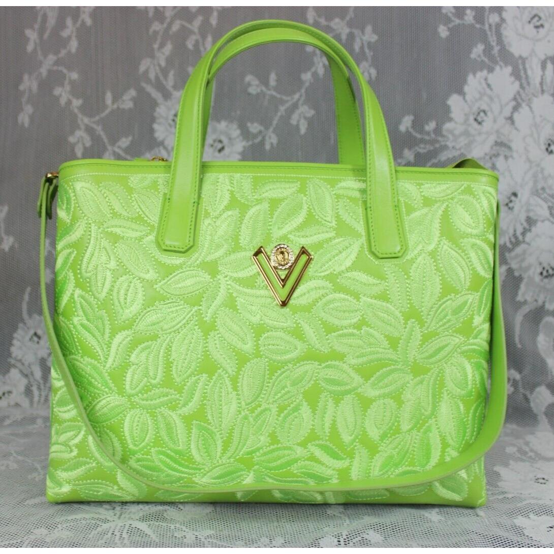 Valentino Orlandi Italian Lime Green Embroidered Leather Tote Shoulderbag