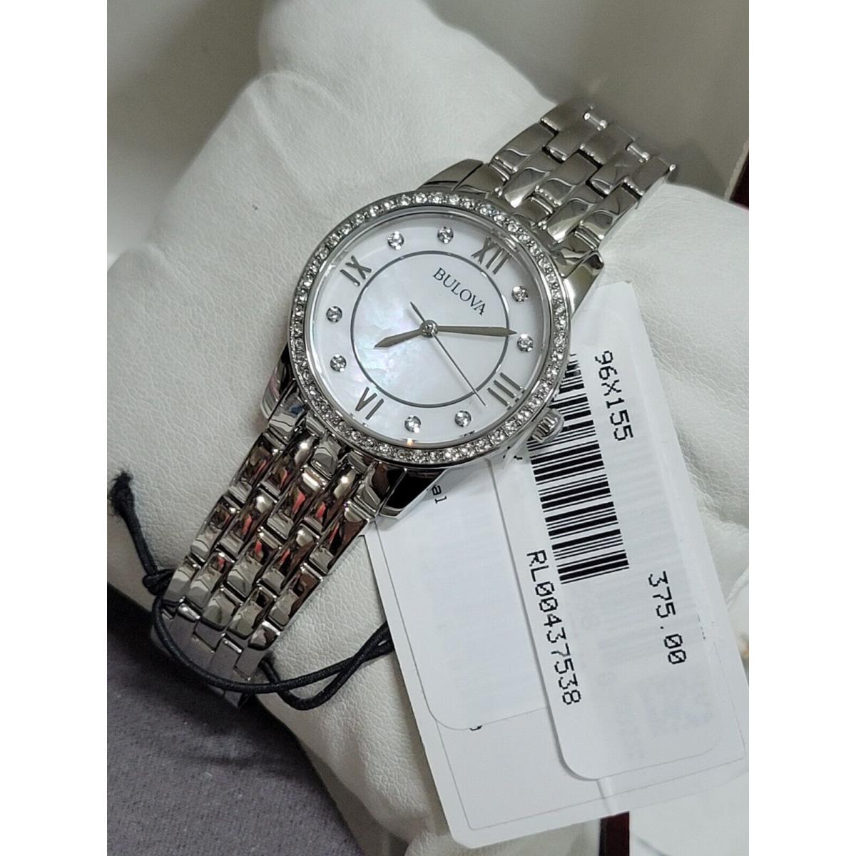 Bulova Classic Crystal Bezel Silver Roman Numeral Women`s 32mm 96X155