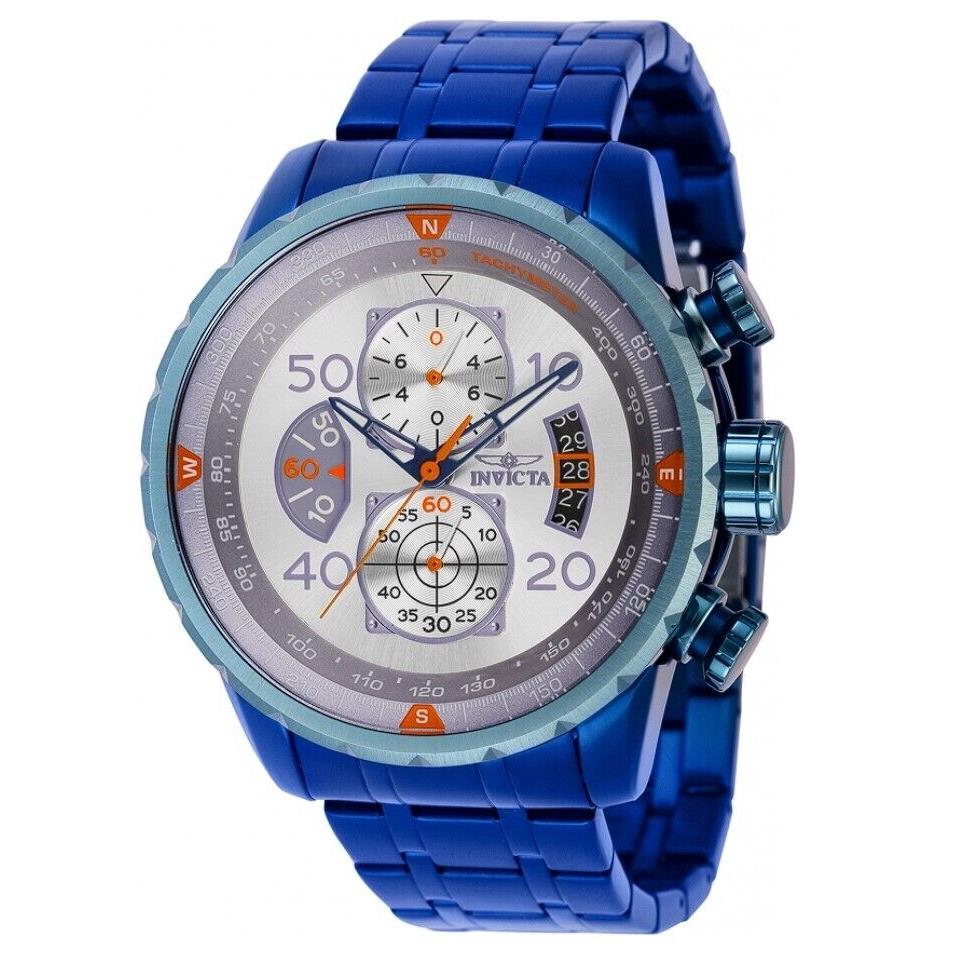 Invicta Aviator Men`s 48mm Blue Stainless Silver Dial Chronograph Watch 40707 - Dial: Blue, Silver, Band: Blue, Bezel: Blue