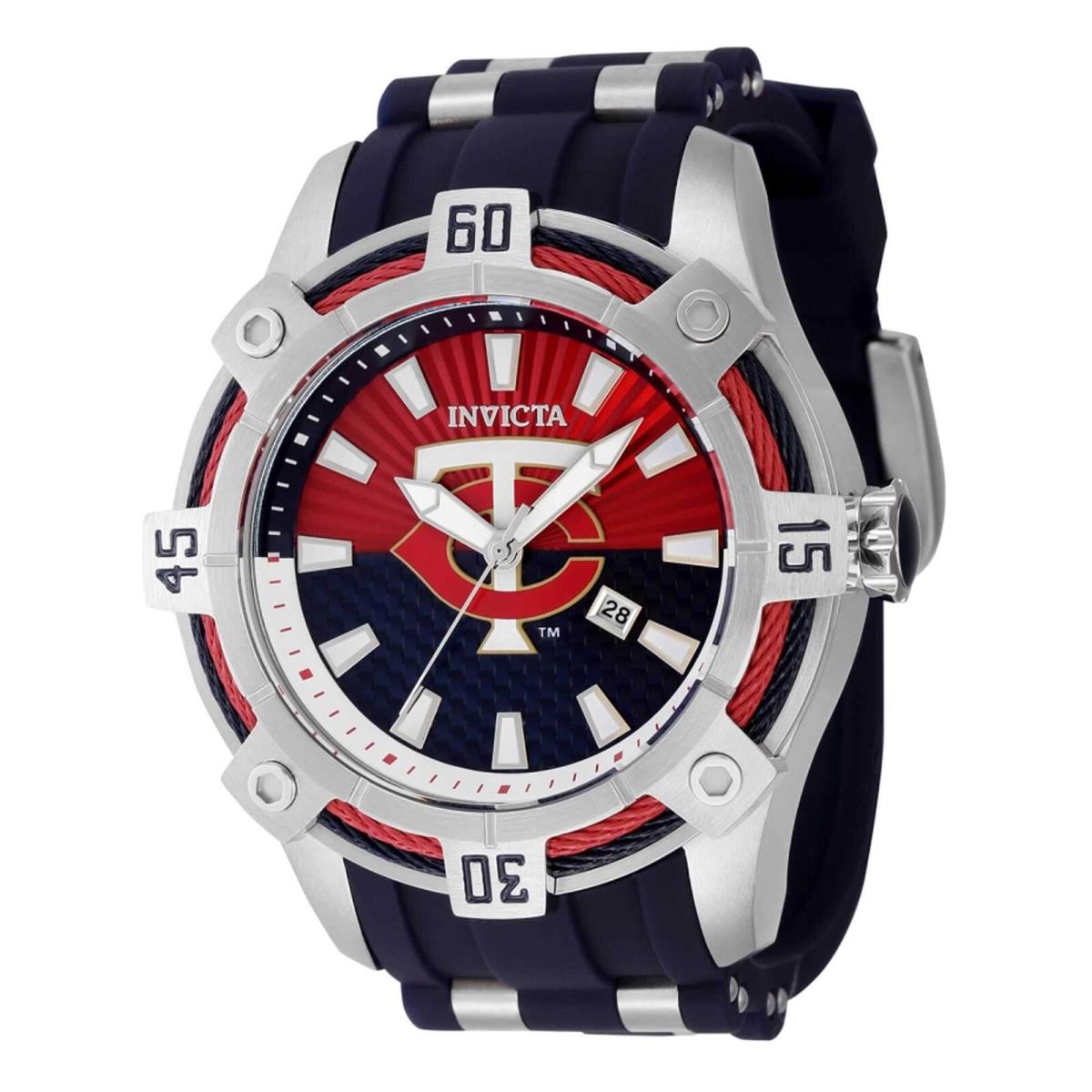 Invicta Men`s Watch Mlb Minnesota Twins Rotating Bezel Blue Rubber Strap 43275 - Dial: Red, White, Blue, Band: Blue, Silver