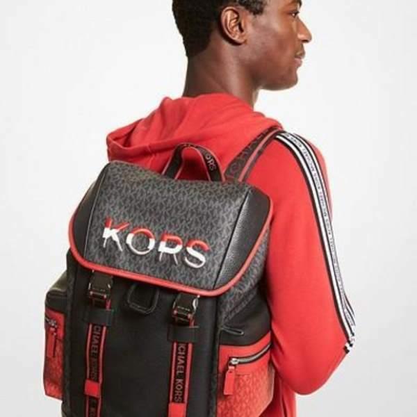 Michael Kors Mens Cooper Flame Red Two-tone Logo and Leather Backpack