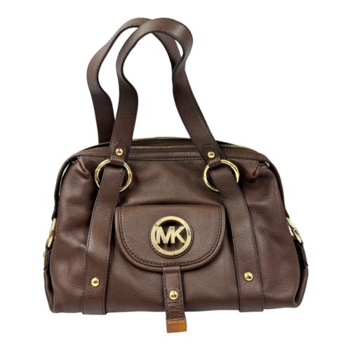 Michael Kors Fulton Brown Leather Satchel Shoulder Bag Tote 7 Pockets - Brown, Exterior: Brown