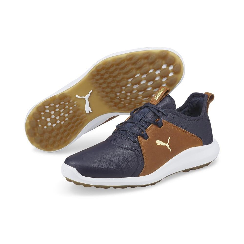 Puma Ignite Fasten8 Crafted Golf Shoes Premium Leather Upper Navy Blazer/Gold/Leather Brown