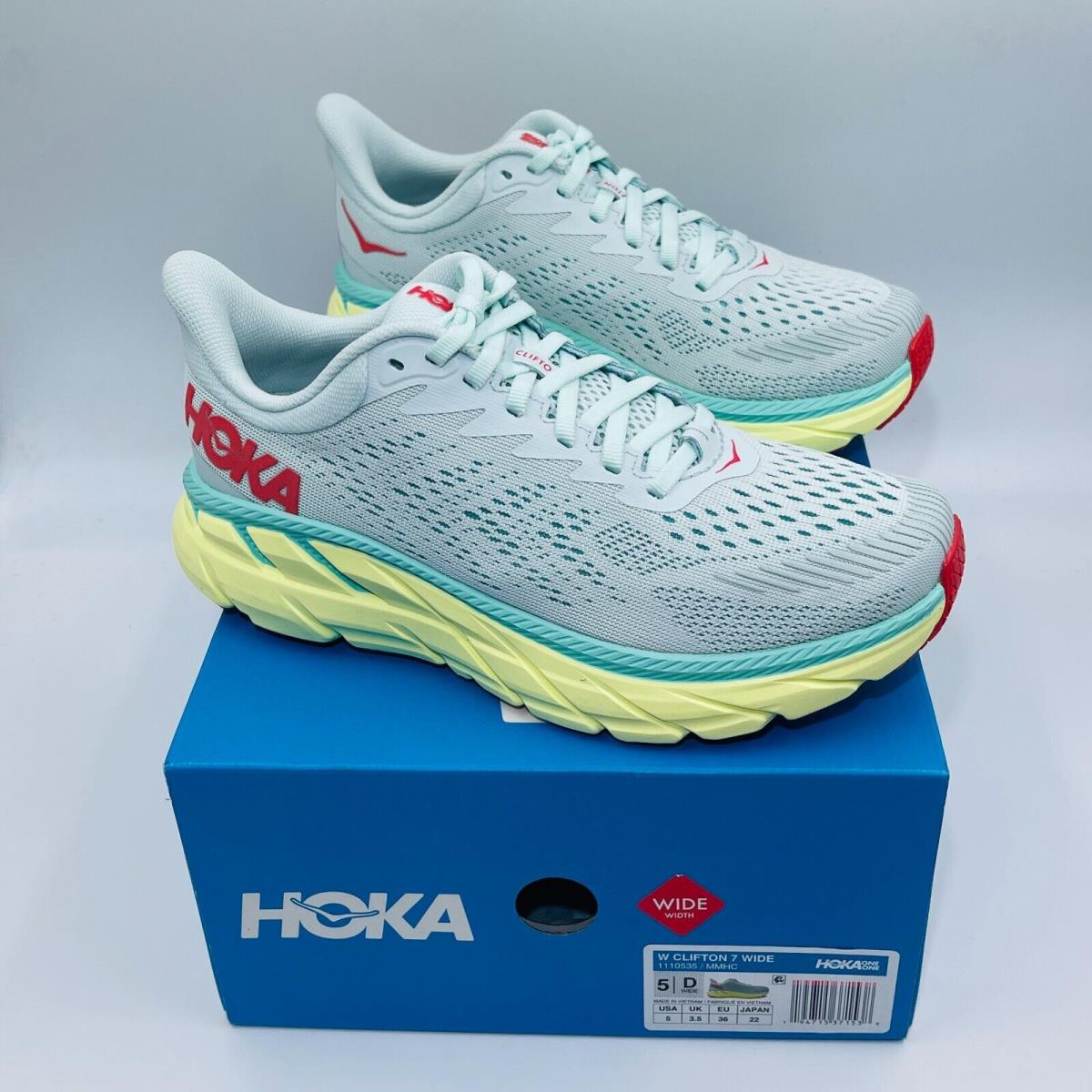 Hoka One One Clifton 7 Morning Mist Hot Coral Running Shoes Women`s 5 Wide