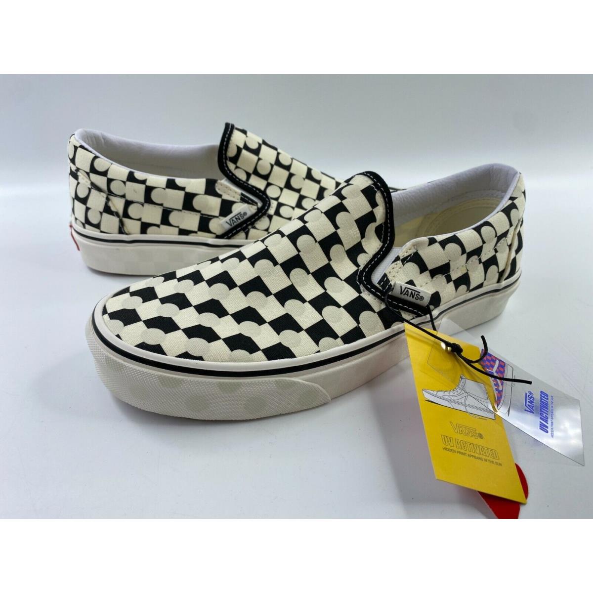 Vans Mens 6.5 Classic Cush Slip Skool Checkboard Shoes White Black UV Activated