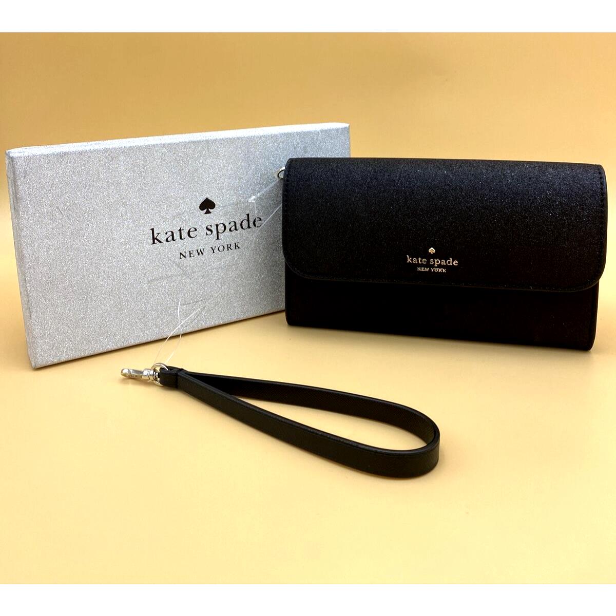 Kate Spade K9255 Boxed Medium Flap Phone Wristlet Wallet Glitter Black