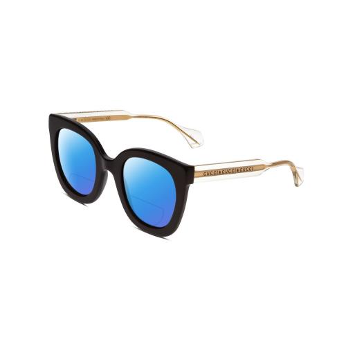 Gucci GG0564S Women Cateye Polarized Bi-focal Sunglasses Black Crystal Gold 51mm Blue Mirror