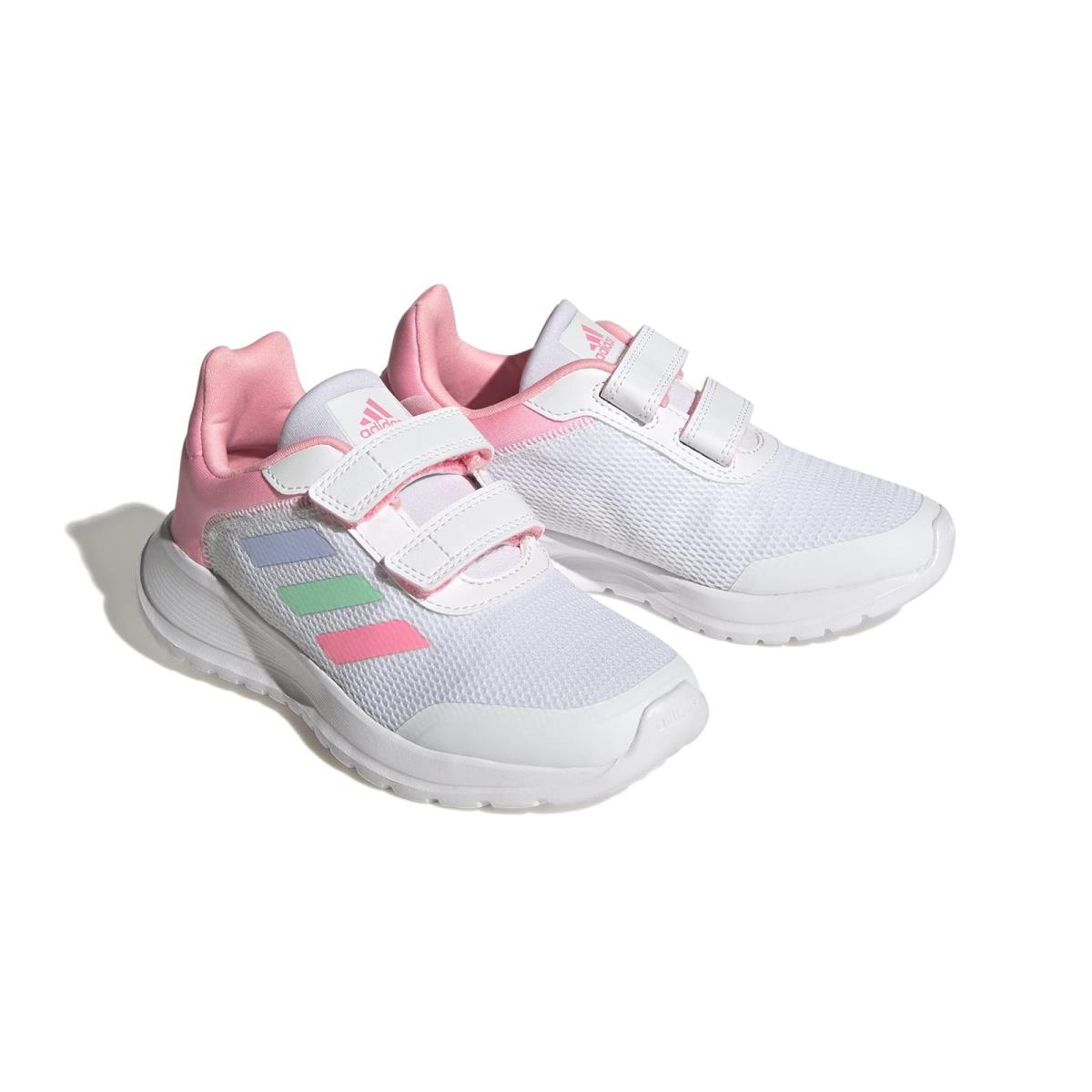 Girl`s Shoes Adidas Kids Tensaur Run Little Kid/big Kid White/Blue Dawn/Beam Pink 1