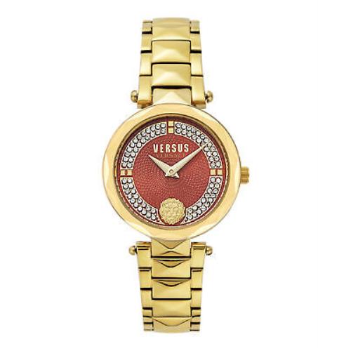Versus Versace Womens Covent Garden IP Yellow Gold 32mm Bracelet Fashion Watch - Black Dial, Gold Band, Red Bezel