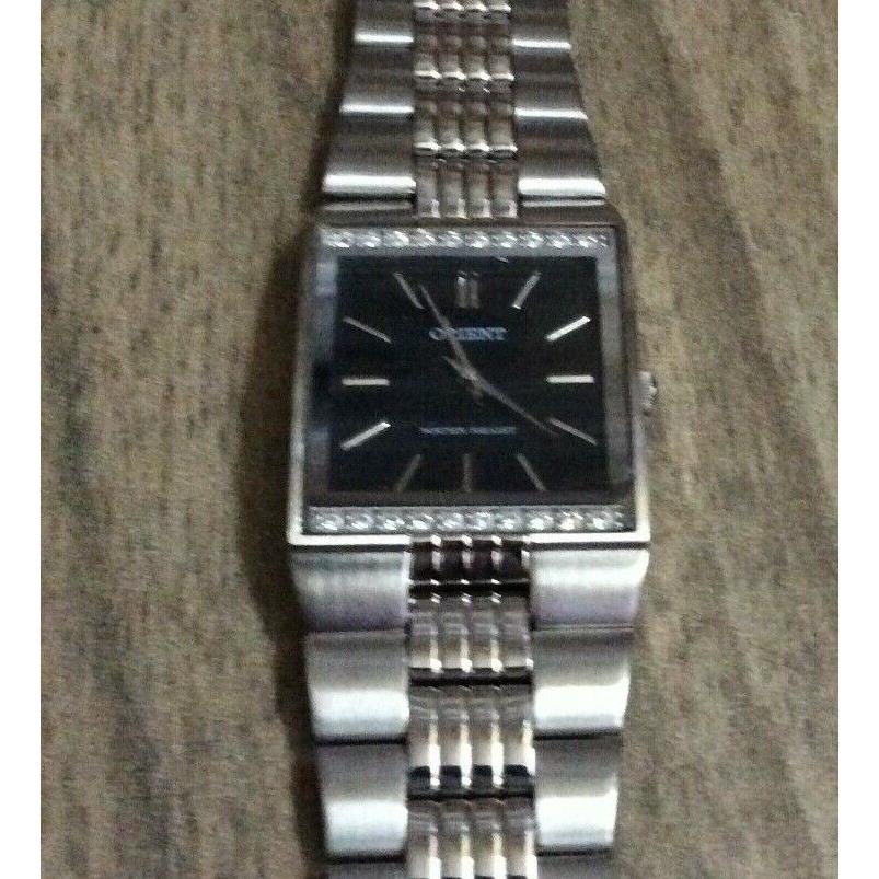 Orient Men`s Watch Crystal Silver Case Rectangle Black Dial Old Stock