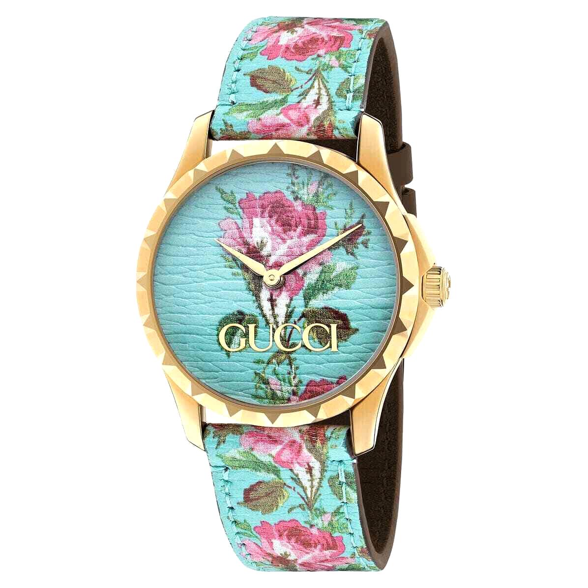 Gucci YA1264085 G-timeless Aqua Floral Print Dial Leather Band Ladies Watch