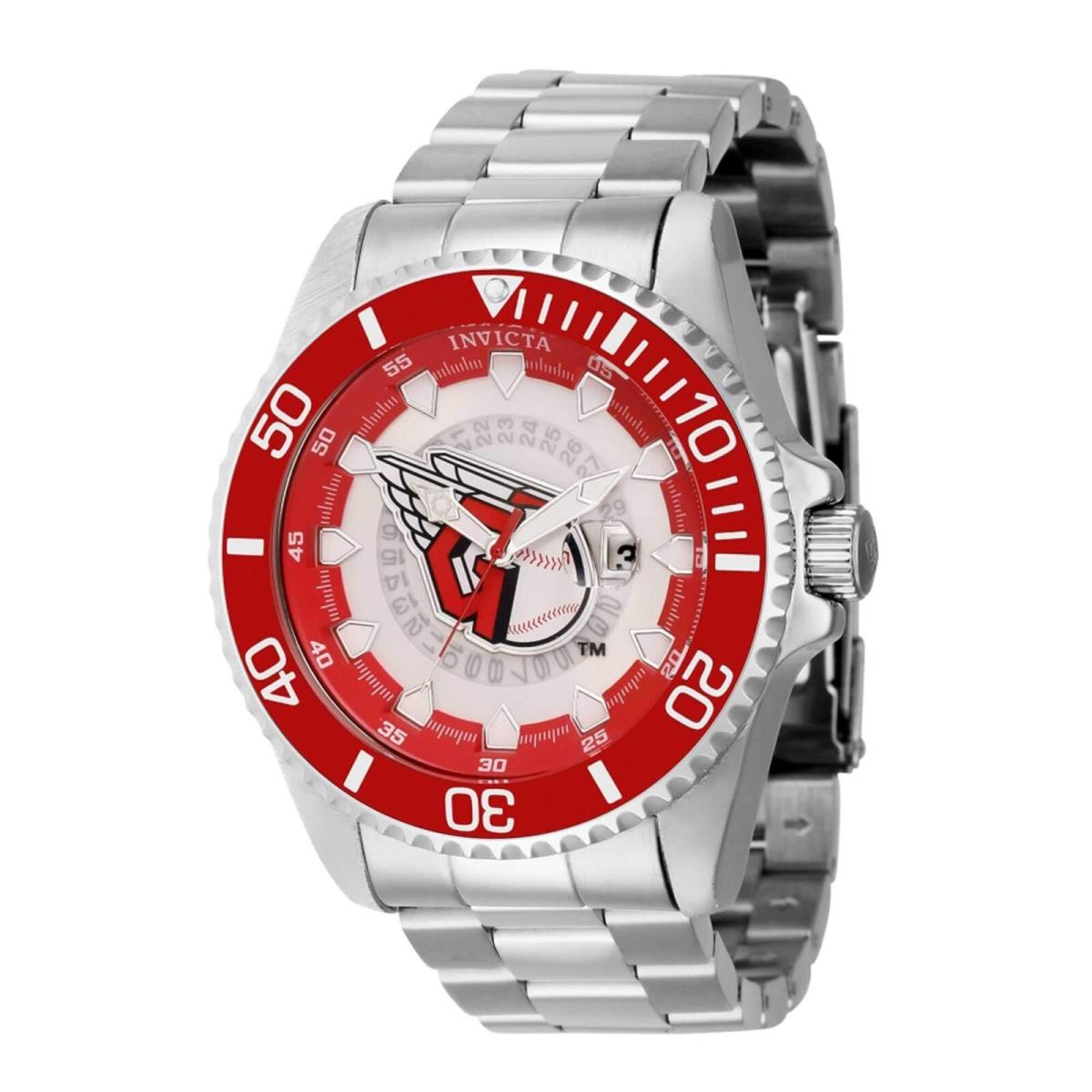 Invicta Men`s Watch Mlb Cleveland Guardians Rotating Bezel Silver Bracelet 43461 - Dial: Red, White, Blue, Band: Silver