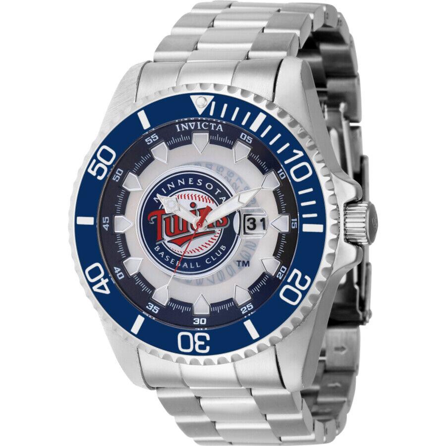 Invicta Mlb Minnesota Twins Quartz Men`s Watch 43470 - Dial: Red and Silver and White and Blue, Band: Silver-tone, Bezel: Silver-tone