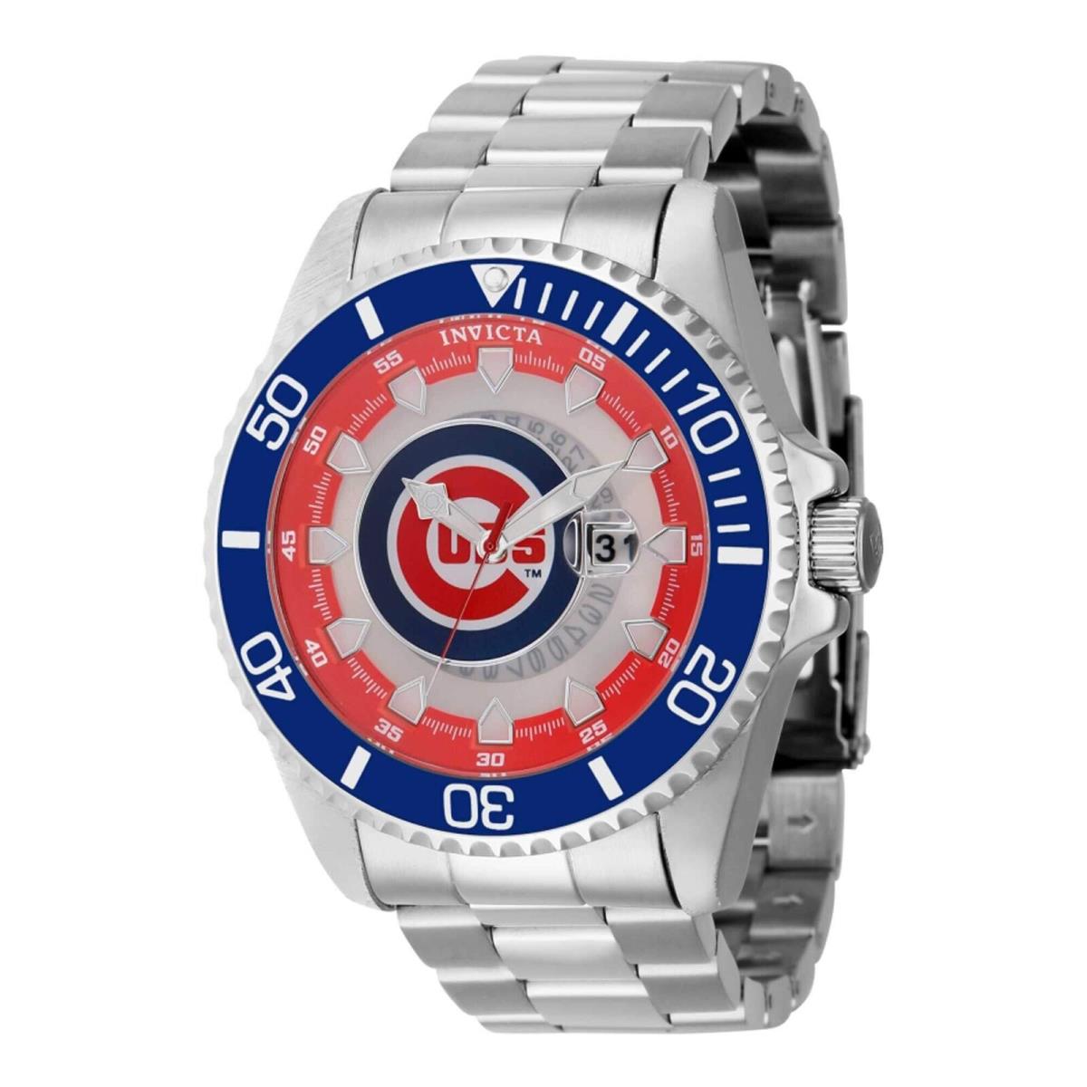 Invicta Men`s Watch Mlb Chicago Cubs Rotating Bezel Silver Steel Bracelet 43458 - Dial: Red, White, Blue, Band: Silver