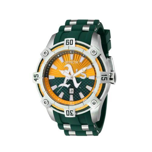 Invicta Men`s Watch Mlb Oakland Athletics Quartz Yellow and Green Dial 43278 - Dial: Yellow, Green, Band: Silver, Green