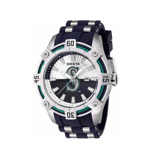 Invicta Men`s Watch Mlb Seattle Mariners Quartz Silver and Blue Dial Date 43294 - Dial: Silver, Black, Band: Silver, Blue