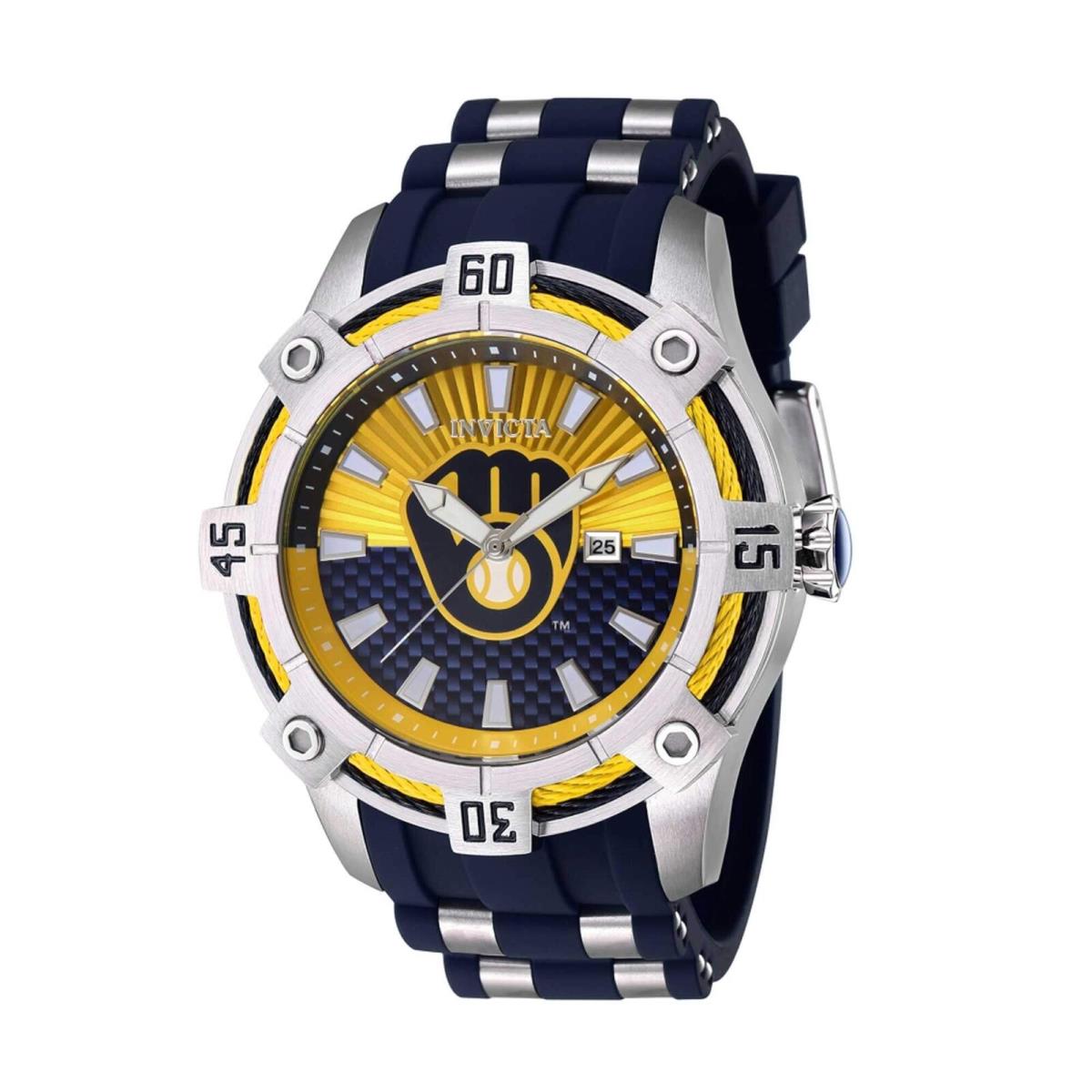 Invicta Men`s Watch Mlb Milwaukee Brewers Quartz Yellow and Blue Dial 43274 - Dial: Yellow, Blue, Band: Silver, Blue