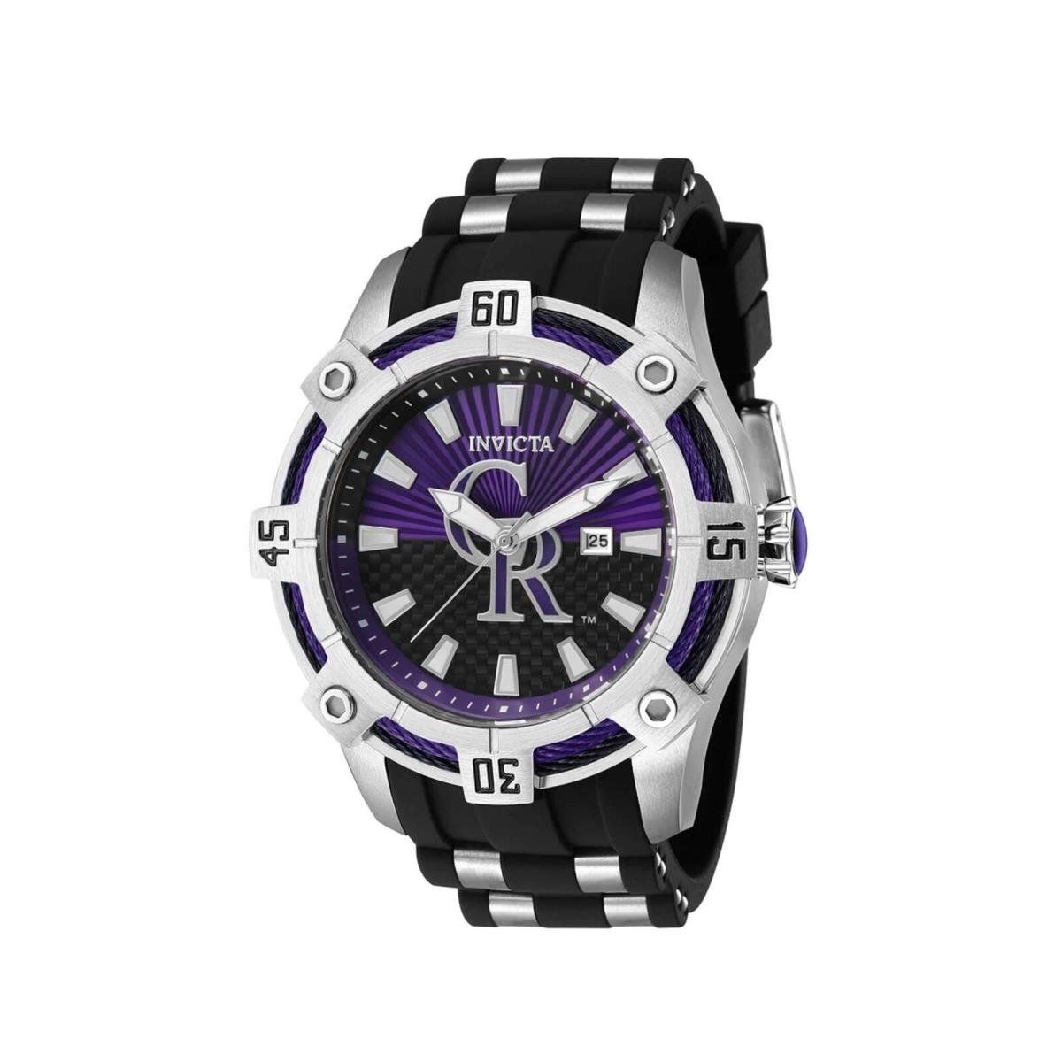 Invicta Men`s Watch Mlb Colorado Rockies Quartz Black and Purple Dial 43267 - Dial: Black, Purple, Band: Silver, Black