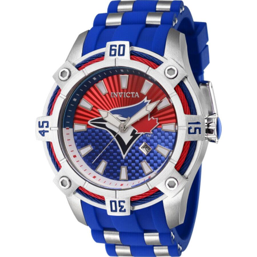 Invicta Mlb Toronto Blue Jays Quartz Men`s Watch 43298 - Dial: Red and White and Blue, Band: Two-tone (Blue and Silver-tone), Bezel: Silver-tone