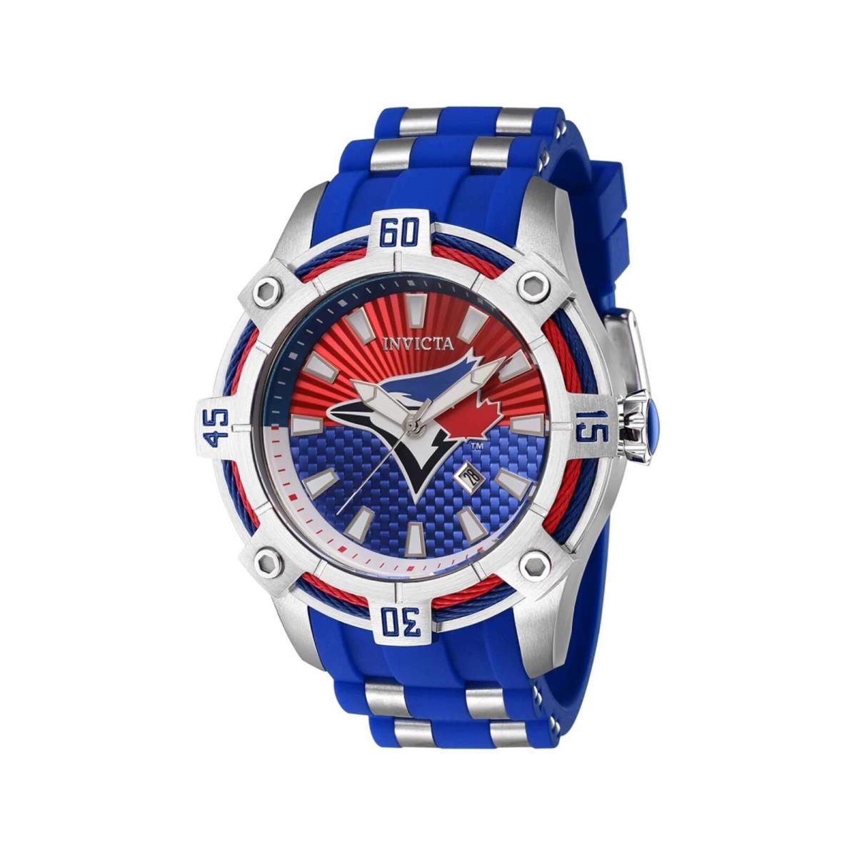 Invicta Men`s Watch Mlb Toronto Blue Jays Date Display Blue Silicone Strap 43298 - Dial: Red, White, Blue, Band: Blue, Silver