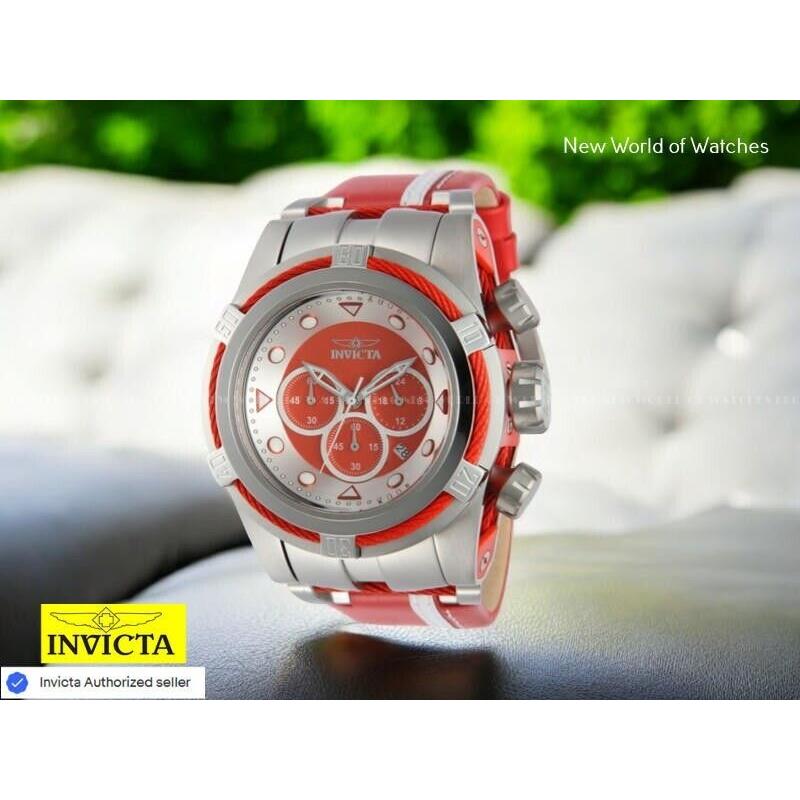 Invicta Men`s Bolt Zeus 53mm Red Chronograph Dial Leather Steel Band Watch - Dial: Red, Silver, Band: Red, White, Steel, Bezel: Steel, Red